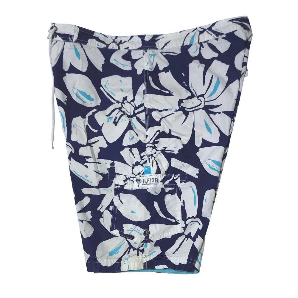 Tommy Hilfiger Floral Board Shorts Mens Large Swim Trunks Navy White Y2K Surf